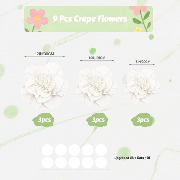 OTGFRF-9 Pcs Tissue Paper Flowers, Crepe Paper Floral Decoration for Baby Shower Bridal Wedding Birthday Party Backdrop Classroom Nursery Craft Wall Decorations (White)