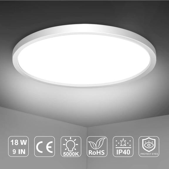 OTGFRF-9 inch LED Flush Mount Ceiling Light Fixture, 5000K Daylight White 18W Flat Modern Ceiling Lighting, 1800LM Ceiling Lamp for Bathroom Porch, Kitchen, Bedroom, Living Room, Hallway