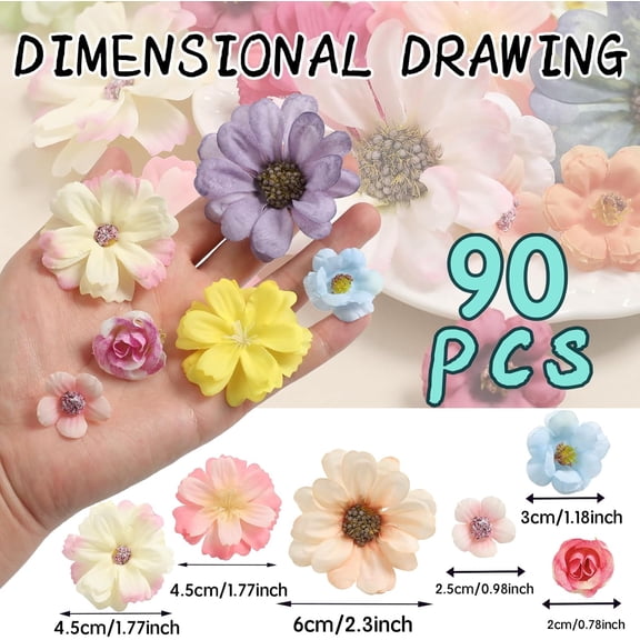OTGFRF-90 Pcs Mini Artificial Silk Flower Heads - Multicolor Peony, Daisy, Rose Floral Appliques for Spring Summer Crafts | DIY Wreath Accessories for Wedding/Home Decor/Party/Graduation Cap