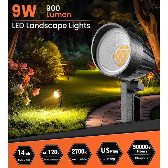 OTGFRF-9W LED Landscape Lights, 110V Landscape Lighting with US 3-Prong Plug, 3000K Warm White IP66 Waterproof Outdoor Garden Spotlights for Path Yard Walkway (2 Pack)