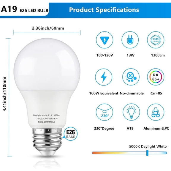 OTGFRF-A19 LED Light Bulbs 100W Equivalent, Daylight White 13W 5000K 1300 Lumens 100-130V E26 Base bulb Not-Dimmable, A19 Led Energy Efficient Light bulb suitable for Home Office Indoor and Outdoor,