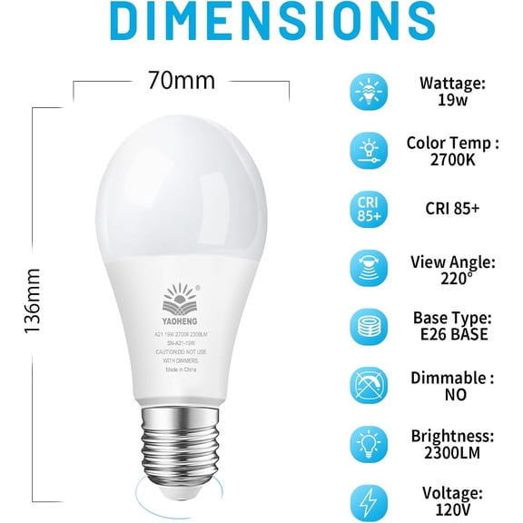OTGFRF-A21 LED Light Bulb, 150 Watt Equivalent LED Bulbs, 19W 2700K Warm White, 2300 Lumens, Non-Dimmable, E26 Super Bright Light Bulb Indoor, Energy Efficient ETL Listed, 4-Pack