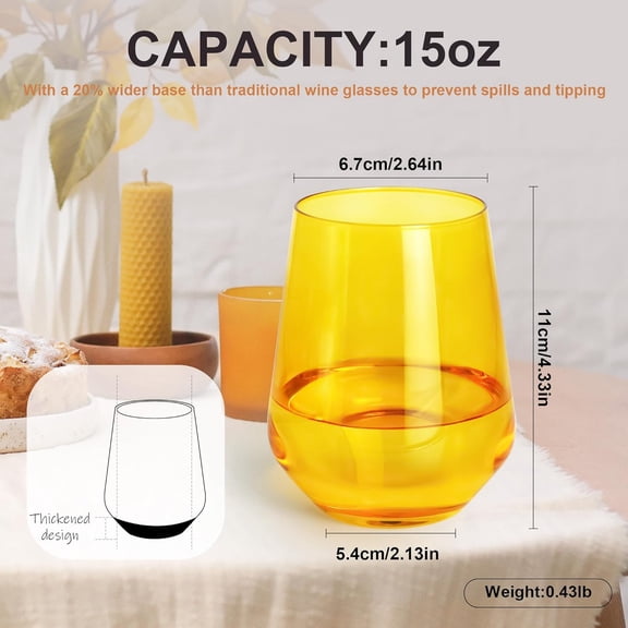 OTGFRF-Amber Stemless Wine Glasses Set of 6-15oz Wine Glass Cups, Amber Crystal Drinking Glassware, Unique Hand Blown Drinkware Holiday Gift Set