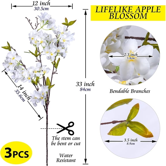 OTGFRF-Artificial Apple Blossom Silk Flowers Tree Branches 33 Long Stems Faux Bouquet for Tall Vase Indoor Home Decor DIY Wedding Centerpiece Decoration, Bulk 3pcs (White)