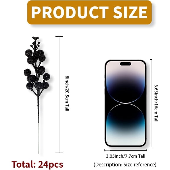 OTGFRF-Artificial Black Berry Stems, 24 Pack 8.7" Christmas Glitter Berries Stems Artificial Fruit Berry Holly Flower Branch Winter Picks Home Holiday Wedding Party DIY Xmas Tree Halloween Decor (Bla