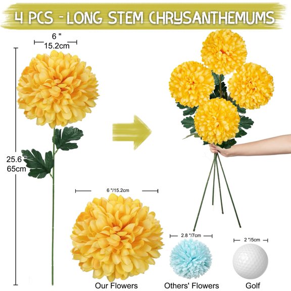 OTGFRF-Artificial Chrysanthemums Ball Flowers 6 Large Heads Mums Stems Autumn Yellow Fake Hydrangea Flowers Bouquet for Home Garden Party Wedding Decoration, Set of 4