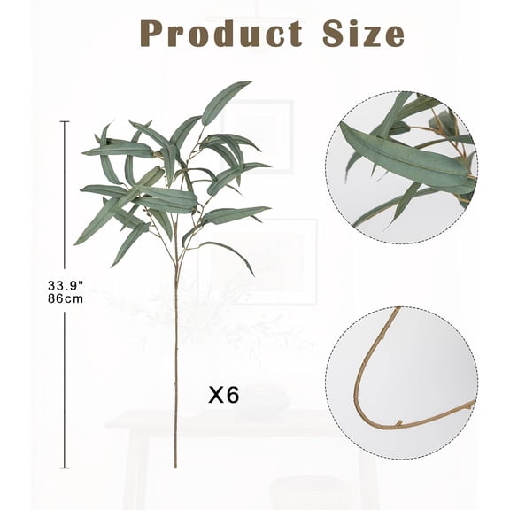 OTGFRF-Artificial Eucalyptus Willow Branches 33'' Tall Gray Fake Eucalyptus Stems Arrangement, Realistic Faux Greenery Stems, Indoor Plant, Home Housewarming Farmhouse Porch Vase Decor, Set of 6