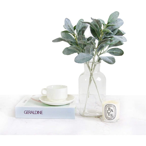 OTGFRF-Artificial Flocked Lambs Ear Leaves Dusty Miller Stems Flocked Oak Leaves Lamb's Ear Blade for Home Wedding DIY Floral Arrangement (Silver Lamb's Ear, 10)