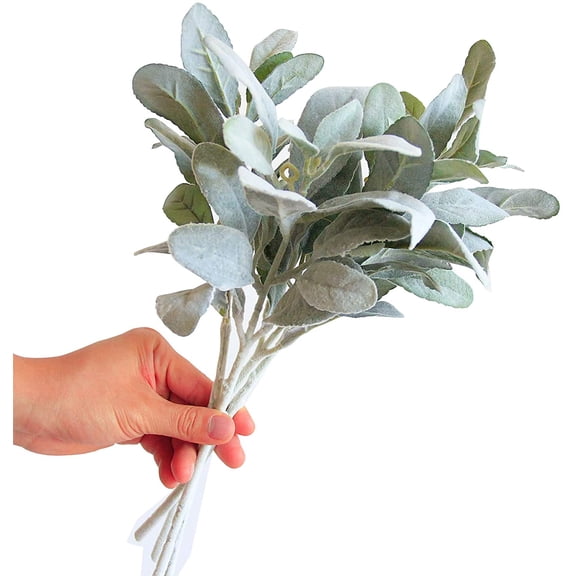 OTGFRF-Artificial Flocked Lambs Ear Leaves Dusty Miller Stems Flocked Oak Leaves Lamb's Ear Foliage for Home Wedding DIY Floral Arrangement (Silver Lamb's Ear, 5)