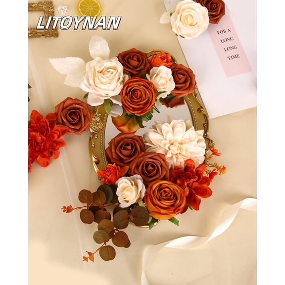 OTGFRF-Artificial Flower Box Set Silk Flowers Rose Faux Flowers with Stems for DIY Bridal Wedding Bouquets Centerpieces Arrangements Table Decor Baby Shower Party Home Decor (Chic Terracotta Rust)