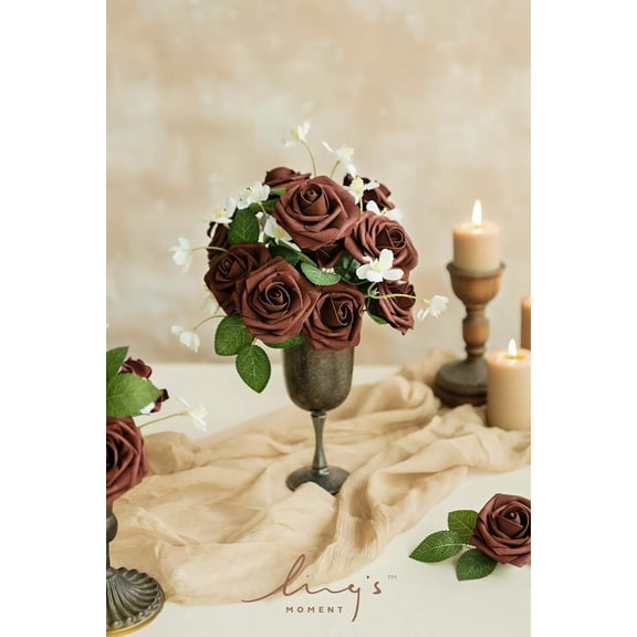 OTGFRF-Artificial Flowers 25Pcs Walnut Brown Roses Decor w/Stems,3" Real Touch DIY Foam Floral for Wedding Bouquet/Centerpieces, Outdoors Party Backdrop, Room/Table, and Garden/Pot Decorations