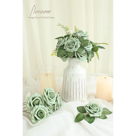 OTGFRF-Artificial Flowers 25pcs Real Looking Elf Green Foam Fake Roses with Stems for DIY Wedding Bouquets Bridal Shower Centerpieces Sage Green Floral Arrangements Home Decorations