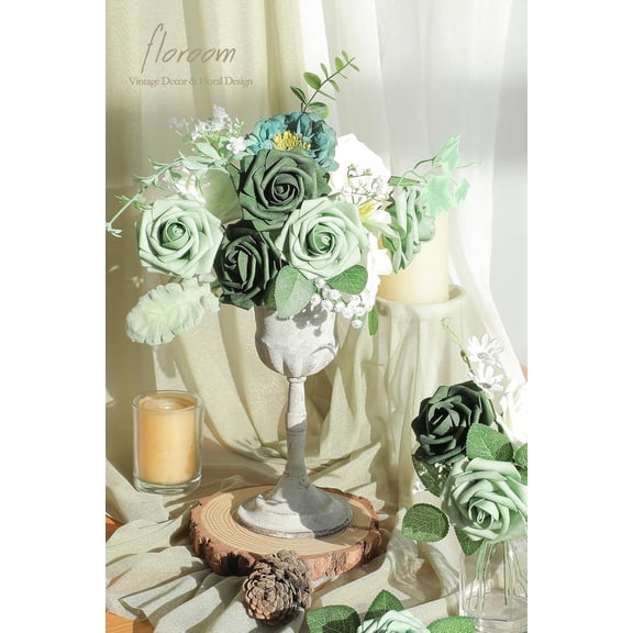 OTGFRF-Artificial Flowers 25pcs Real Looking Sage Green & Emerald Green Foam Fake Roses with Stems for DIY Wedding Bouquets Bridal Shower Centerpieces Floral Arrangements Party Tables Decorations