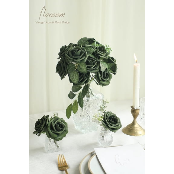 OTGFRF-Artificial Flowers 50pcs Real Looking Emerald Green Foam Fake Roses with Stems for DIY Wedding Bouquets Bridal Shower Centerpieces Floral Arrangements Party Tables Home Decorations