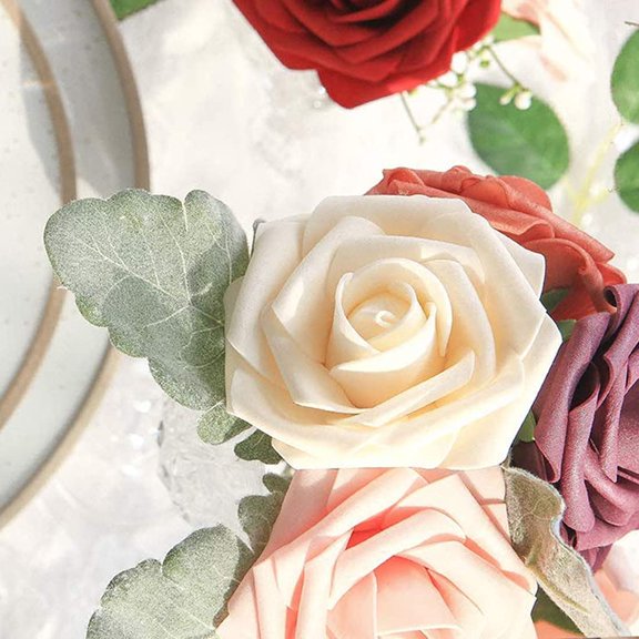 OTGFRF-Artificial Flowers Champagne Roses W/Stem, Rustic Farmhouse Decor for Home Wedding Kitchen and Office Ideal Bridal Shower Party Home Decorations 25pcs