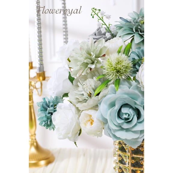 OTGFRF-Artificial Flowers Combo Teal Blue Flowers Mix Silk Flowers Dahlia Roses with Stems for DIY Wedding Bridal Bouquets, Baby Shower, Floral Arrangement, Table Centerpieces, Home Decorations.