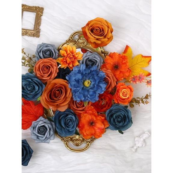 OTGFRF-Artificial Flowers Combo, Teal Orange Silk Roses, Peonies, Dahlias with Stems for DIY Wedding Bouquets, Baby Shower, Table Centerpieces, Home Decor, Fake Floral Arrangements
