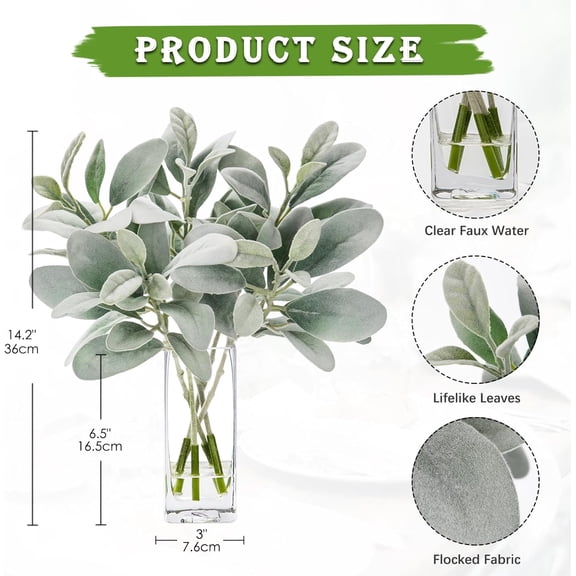 OTGFRF-Artificial Frosted Lambs Ear Leaves Dusty Miller Stems in Clear Glass Vase Fake Leave Stems Arrangement for Home Wedding Party Baby Shower Decoration