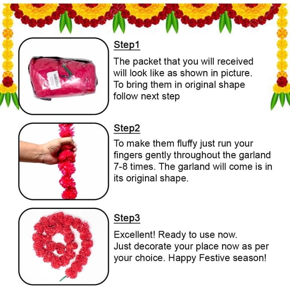 OTGFRF-Artificial Marigold Garland for Decoration, Diwali Decorations Pack of 5 - Marigold Garland Flowers for Diwali Pooja -Traditional Indian Decoration (Red 5 PC | 4 to 4.5ft)