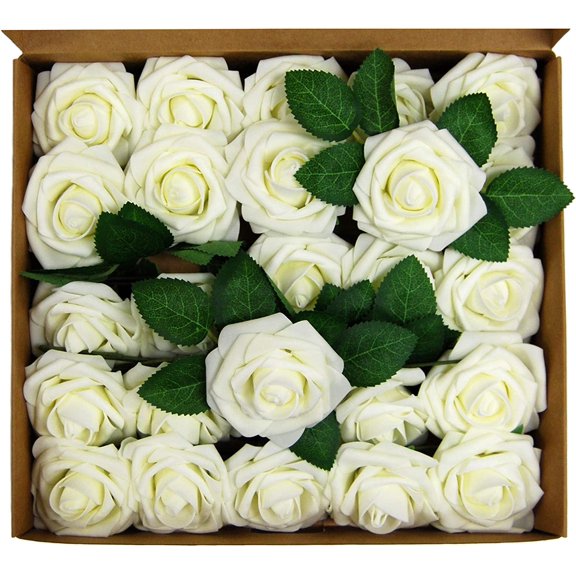 OTGFRF-Artificial Rose Flower 25pcs Ivory Realistic Foam Rose with Stem for DIY Wedding Bouquets Party Decoration