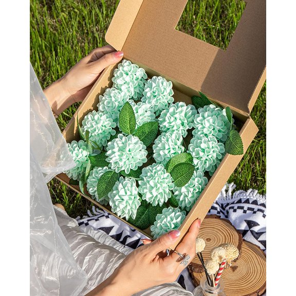 OTGFRF-Artificial Wedding Dahlia Flowers 25pcs Fake Foam Roses with Stem for Wedding Bouquets Centerpieces Arrangements Decoration(Mint Green)