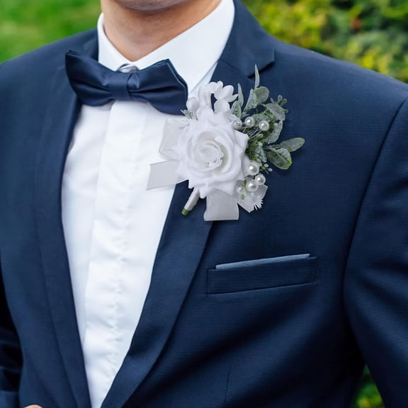 OTGFRF-Artificial White Rose Flowers Wrist Corsage Wristlet Band Bracelet and Men Boutonniere Set for Wedding Party Prom Homecoming Anniversary Ceremony Suit Decorations White Rose Set