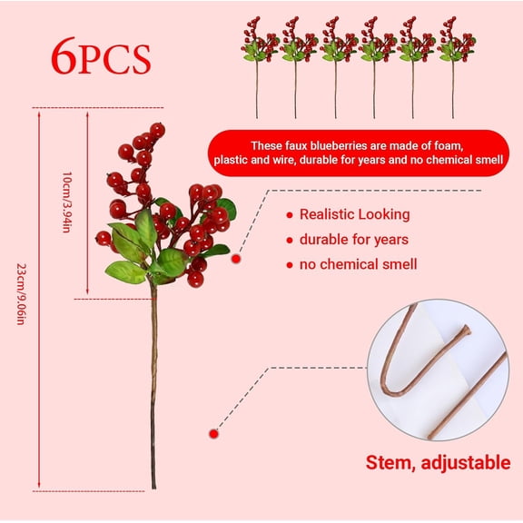 OTGFRF-Artificial red Berries Stems,6pcs Fake Berries Artificial Fruits Berry Christmas Decor Berry Decorations for Bouquet Home Kitchen vase Filler Wreath Decorations(red Decor)