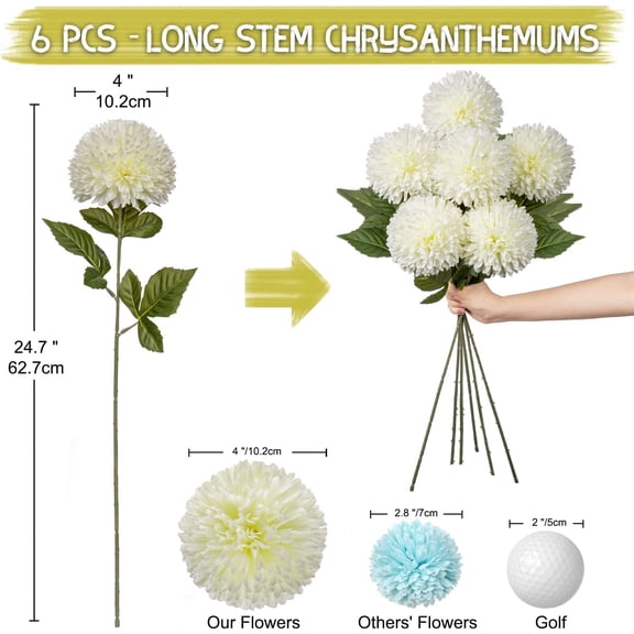 OTGFRF-Autumn Artificial Chrysanthemums Ball Flowers 4 Large Heads Mums Stems Cream White Fake Hydrangea Flowers Bridal Wedding Bouquet for Home Garden Party Wedding Fall Decoration, Set of 6