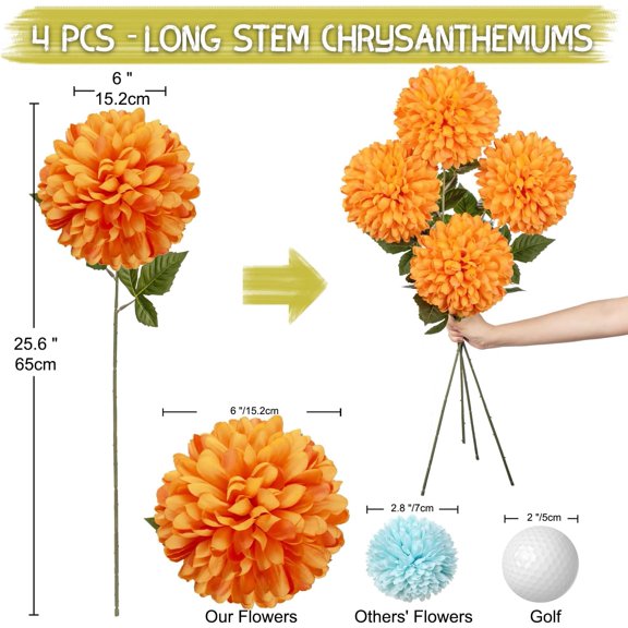 OTGFRF-Autumn Artificial Chrysanthemums Ball Flowers 6 Large Heads Mums Stems Orange Fake Hydrangea Flowers Bouquet for Home Party Wedding Fall Harvest Decorations, Set of 4