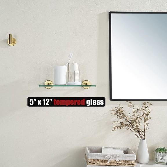 OTGFRF-Bathroom Glass Shelf Gold, Tempered Glass Shower Storage 12 by 5 inches, 304 Stainless Steel Brushed Gold Wall Mount, TGS101L12-BG