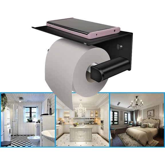 OTGFRF-Bathroom Toilet Paper Holder, Matte Black Adhesive or Screw Wall Mounted Tissue Holder with Shelf, Aluminum Toilet Roll Holder with Spring Loaded Roller for Bathroom Kitchen