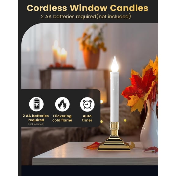 OTGFRF-Battery Operated Christmas Window Candles, 6H Timer Window Candle, Cool White LED Flameless Candles for Windows, 1.7 Narrow Base for Windows, Mantels, Dining Tables, Gloss Gold, 4-Pack