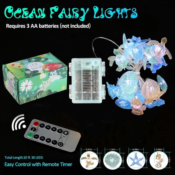 OTGFRF-Beach Decorative Lights Marine Sea Life Dcor Ocean Fairy Lights Nautical Waterproof Battery Operated String Lights Under The Sea Christmas Tree Decoration 30LED 10ft Summer Garden Tent Decor