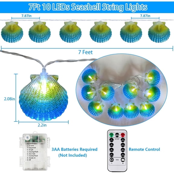OTGFRF-Beach Seashell String Lights Battery Operated 7FT 10 LED Summer Hawaiian Seashell Fairy Lights with Timer, Ocean Themed Decor Lights for Home Room Tropical Beach Party Poolside Bedroom Camping