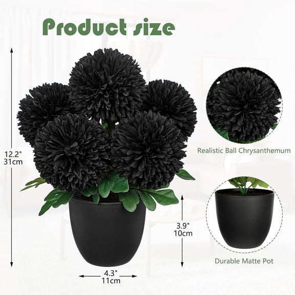 OTGFRF-Black Artificial Mums  Realistic Silk Fall Chrysanthemums in Black Pot, Faux Potted Flowers for Home, Table Centerpiece, Porch, Indoor & Outdoor Autumn Dcor