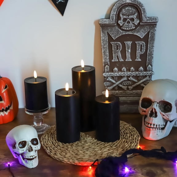 OTGFRF-Black Flameless Candles with Remote, LED Battery Operated Flickering with Timer, 4 Pack Glossy Wax Drips Design Real Wax Pillar for Halloween Decor, Centerpiece, Birthday Gifts (4/5/6/8 Inch)