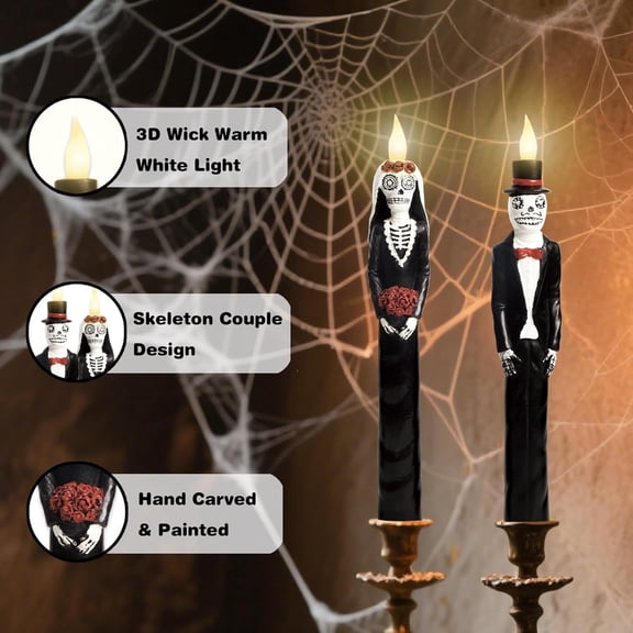 OTGFRF-Black Flameless Taper Candles with Remote Battery Operated CandleSticks Flickering Light Set of 2 Real Wax Handmade Skeleton Couple LED Window Candles for Halloween Horror Party Gothic Wedding