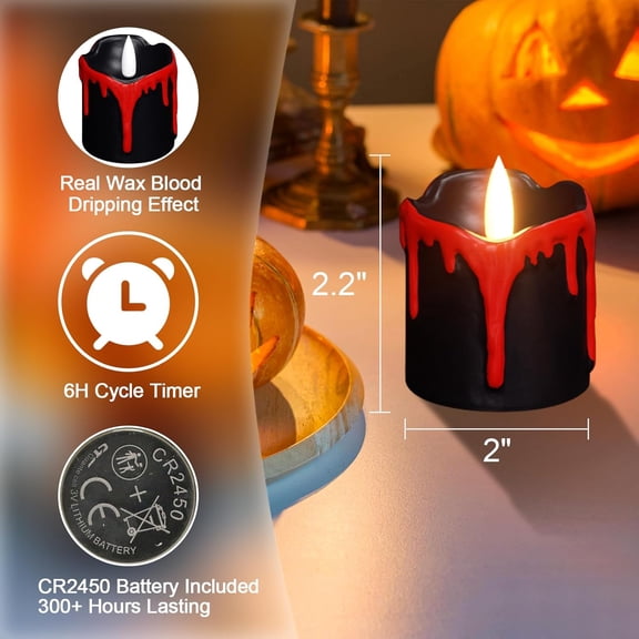 OTGFRF-Black Flameless Votive Candles Battery Operated with Timer, 350 Hours Blood Dripping Small Real Wax Flickering LED Tea Light Candles Dinner Fall Halloween Decoration Lights(6 Pcs, 2" x 2.2")
