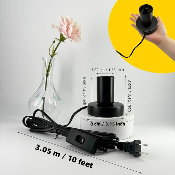OTGFRF-Black Metal E26/E27 Screw Light Socket with 10FT Extension Cord, Hanging Light Cord for Garage,80MM Small Table Lamp Base Ceiling Bulb Holder, On/Off Switch US Plug in Wire (2 Pack)
