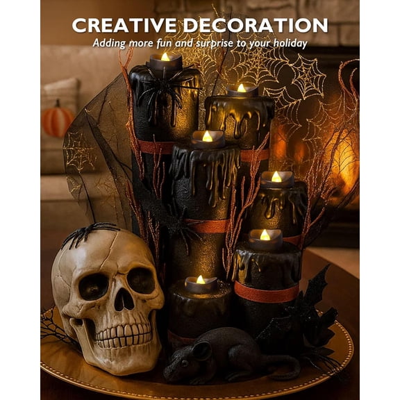 OTGFRF-Black Tea Lights Candles Battery Operated, 200+Hour Flameless Flickering Fake Electric LED Colored Tealights Candles for Halloween, Theme Party, Wedding Table Decor, Holiday Decor, 24-Pack