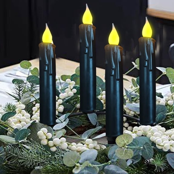 OTGFRF-. Black Wax Battery Operated Taper Candle Flickering Flame Halloween Realistic Flameless Taper Candle with Timer,6.75 inch Electric LED Dripless Window Candlesticks 4PCS for Christmas Decor