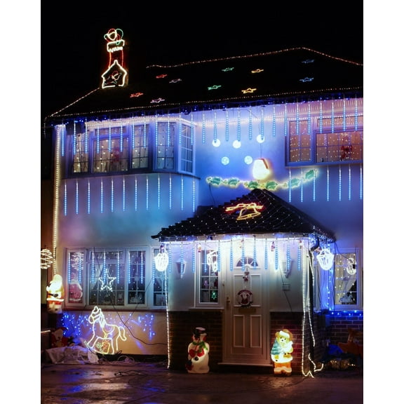 OTGFRF-Blue 20 Tubes Meteor Shower Icicle Lights 480 LED Raindrop Lights with Timer Function Cascading Falling Rain Light for Holiday Party Christmas Decorations