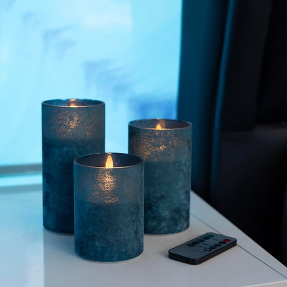 OTGFRF-Blue Flameless Candles with Remote, Flickering Led Candles with Timer, Electric Pillar Candles for Bathroom Kitchen Room Home Decor, Sandblast Blue