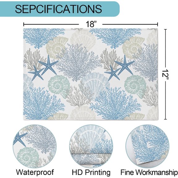 OTGFRF-Blue Nautical Placemats Set of 4 Summer Starfish Seashell Coral Table Place Mat Non-Slip Heat Resistant Linen Beach Coastal Place Mats for Home Kitchen Dining Table, 12"x18"