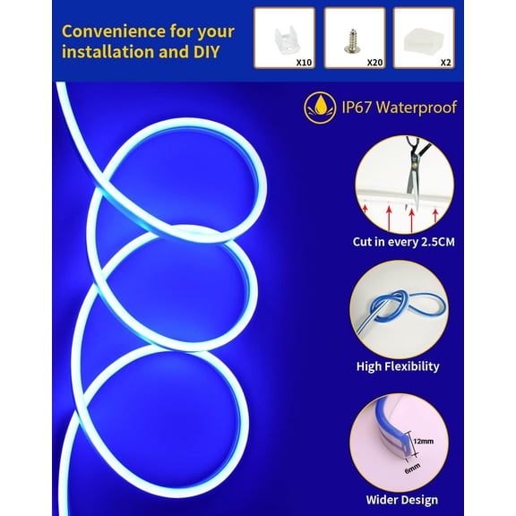 OTGFRF-Blue Neon LED Strip Light, DC 12V 600 SMD2835 LED Neon Rope Lights,Upgraded 16.4ft/5m Led Light Strips Flexible Waterproof for Indoor/Outdoors Home Decoration/DIY(No Power Adapter)