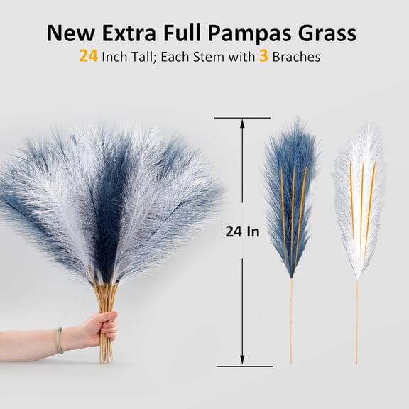 OTGFRF-Blue and White Faux Pampas Grass Extra Full, 24'' Tall 30 Stems with 90 Branches Artificial Pampas Grass Boho Decor, Artificial Flower Arrangements for Wedding Centerpieces, Vase Filler