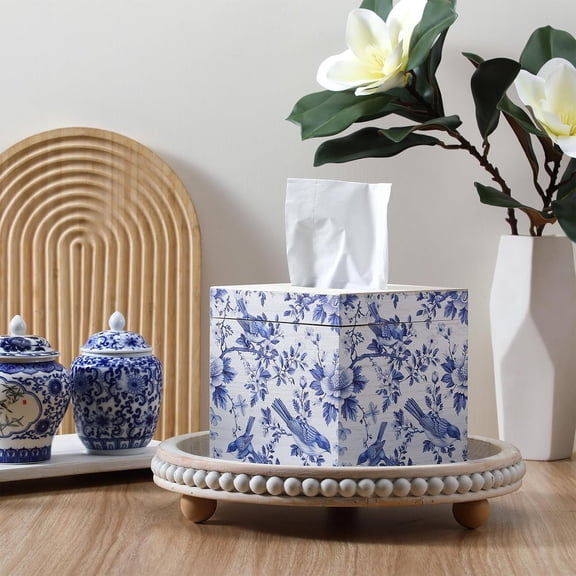OTGFRF-Blue and White Tissue Box Cover Wooden Floral Bird Vintage Square Tissue Box Holder for Bedroom Bathroom Office Desk Countertop Modern Farmhouse Decor, 6 x 6 x 6 Inch