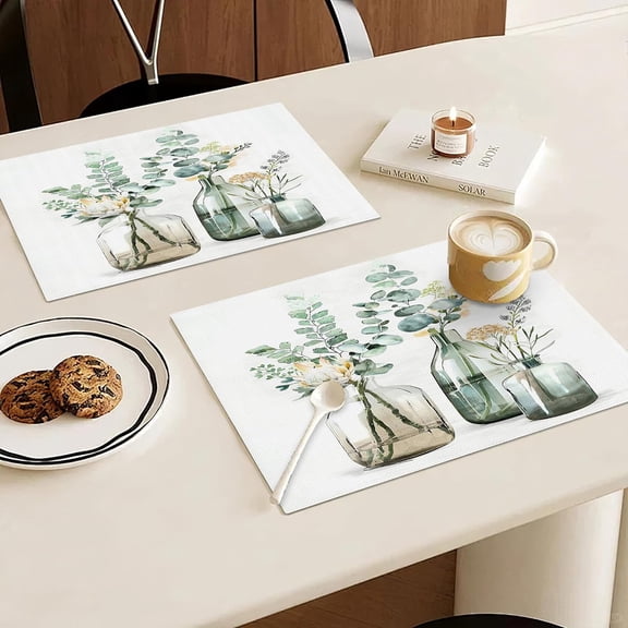 OTGFRF-Botanical Plant Placemats Set of 4, 12x18 Inch Summer Leaf Eucalyptus Table Place Mat Spring Washable Non-Slip Heat Resistant Fabric Placement Mats for Dining Kitchen Indoor Outdoor Decor