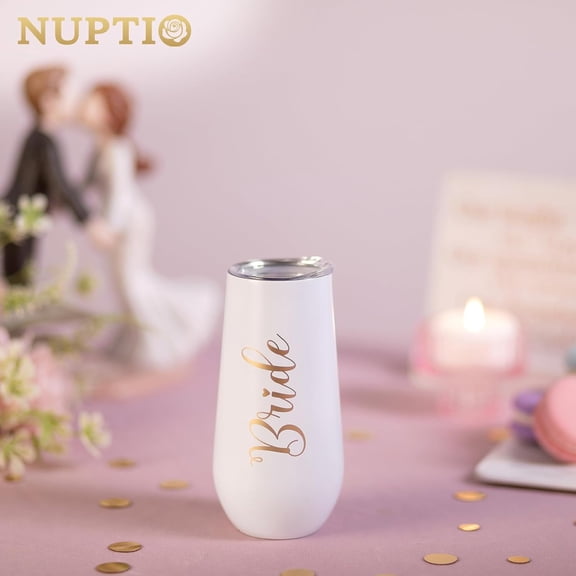 OTGFRF-Bride Tumbler Wedding Gift: White Stemless Champagne Flute Stainless Steel Wine Cups Proposal Bachelorette Party Bridal Shower Engagement Supplies Team Bride to Be Tribe Favors 6oz