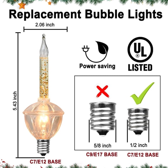 OTGFRF-Bubble Lights, 8 Pack Clear Bubble Replacement Bulbs w/ Gold Glitter Liquid C7/E12 Candelabra Base Light Bulbs Tree Indoor Outdoor Patio Porch Party Decor (C7-8PK-Gold)